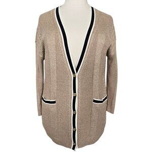 Talbots Tan Cable Knit V-Neck Button-Up Longline Cardigan Office Preppy